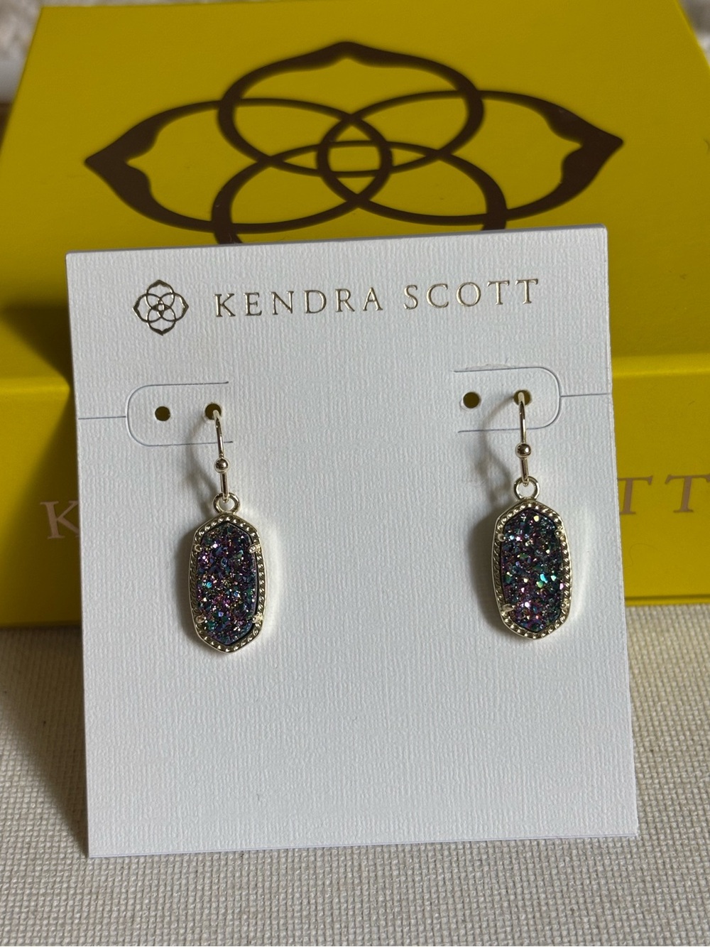 Kendra Scott Lee Gold Drop Earrings in Multicolor Iridescent Druzy